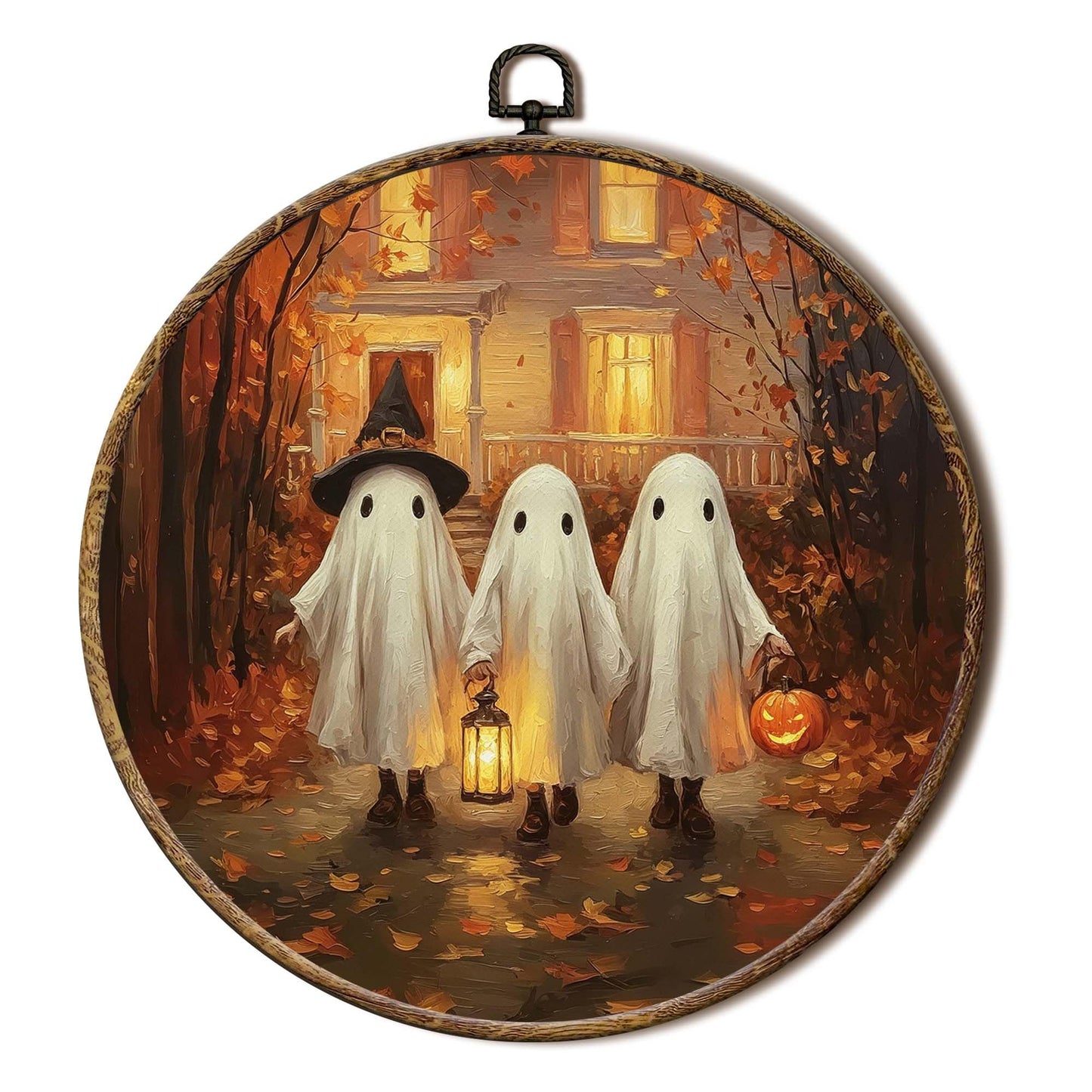FSTCSV Fall Halloween Ghost Round Wall Art Framed, Fall Leaves Pumpkin Ghosts Canvas Prints Wall Hanging Art, Spooky Cute Witch Hat Ghost Autumn Circle Walls Decor for Home Bedroom, 10x10in