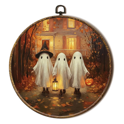 FSTCSV Fall Halloween Ghost Round Wall Art Framed, Fall Leaves Pumpkin Ghosts Canvas Prints Wall Hanging Art, Spooky Cute Witch Hat Ghost Autumn Circle Walls Decor for Home Bedroom, 10x10in