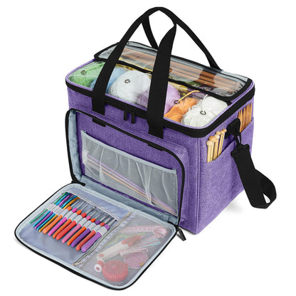 Teamoy Knitting Bag, Yarn Tote Organizer with Inner Divider (Sewn to Bottom) for Crochet Hooks, Knitting Needles(Up to 14"), Project and Supplies, Purple -No Accessories Included
