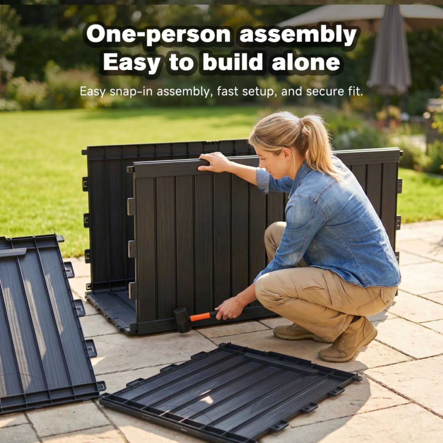 Large Outdoor Storage Deck Box, Resin Patio Container with Lockable Lid, Hydraulic Lift, Wood Texture Panels, Bench Table Function for Cushions Garden Tools Pool Gear Sports Equipment (180 Gallon)