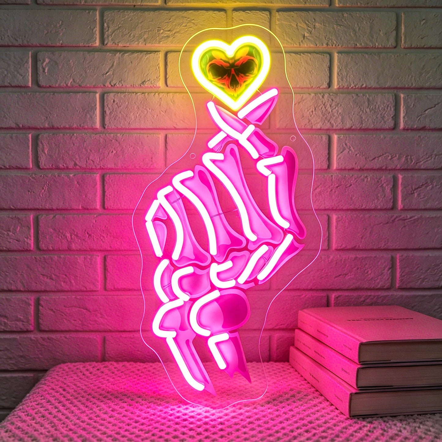 HSJNJKFU Pink & Yellow Neon Sign for Wall Decor Led Light Sign Neon Light for Room Party Home Wall Decor USB Powered - Skeleton Finger Heart