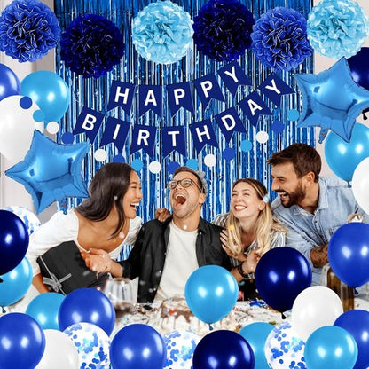Blue Birthday Party Decorations - Skiennix Happy Birthday Banner & Balloons | Navy & Light Blue Pom Poms