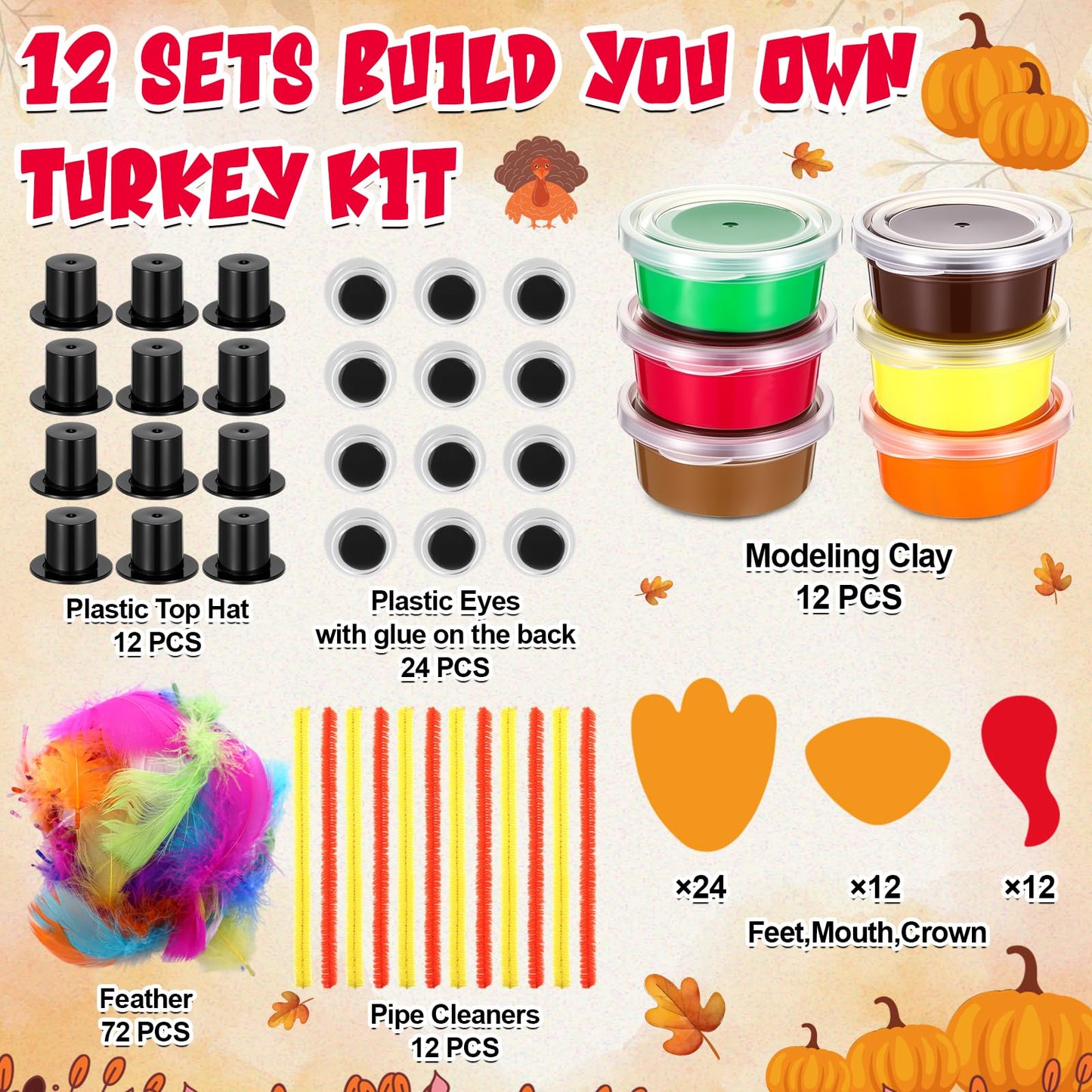 AmazingSpark 12 Sets Thanksgiving Turkey DIY Craft Kits Fall DIY Turkey Air Dry Clay Modeling Fall Crafts Ornament for Friendsgiving Thankful Dinner Party Activity Supplies Table Decorations