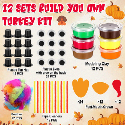AmazingSpark 12 Sets Thanksgiving Turkey DIY Craft Kits Fall DIY Turkey Air Dry Clay Modeling Fall Crafts Ornament for Friendsgiving Thankful Dinner Party Activity Supplies Table Decorations