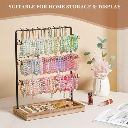 Emfogo Jewelry Organizer Stand, 5 Layer Wood & Metal Bracelet Holder with Necklace Holder Pole, Large Capacity Jewelry Display Holder for Bracelets Necklaces Rings Watches Scrunchies (Rustic Brown)