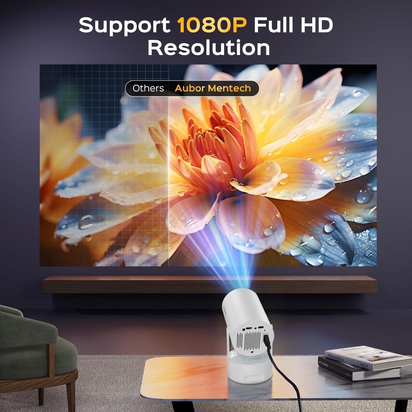 Mini Projector with WiFi & Bluetooth, Auto Keystone & Electric Focus, 270° Rotation Rechargeable Portable Outdoor Projector, Native 1080P 4K Supported for Home Theater & Camping