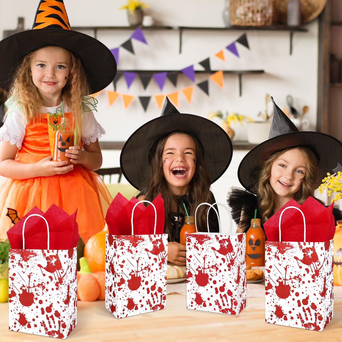 JarThenaAMCS 24 Pcs Halloween Paper Gift Bags with Handles and Tissue Paper Red Bloody Handprint Party Favor Bags for Gift Candy Goodie Snacks Trick or Treat Wrap Party Favors Supplies Decorations