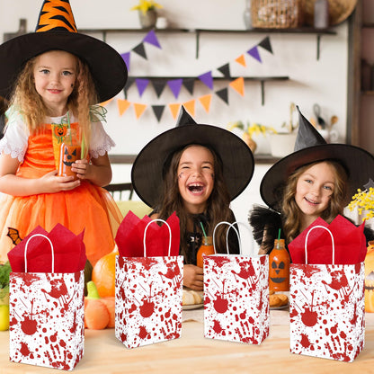JarThenaAMCS 24 Pcs Halloween Paper Gift Bags with Handles and Tissue Paper Red Bloody Handprint Party Favor Bags for Gift Candy Goodie Snacks Trick or Treat Wrap Party Favors Supplies Decorations