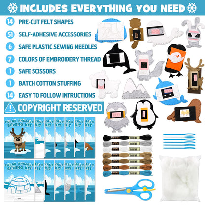CiyvoLyeen Polar Animals Sewing Kit for Kids Make Your Own Winter Polar Animals Felt Plush Craft Kit Includes 14 Creative Projects to Sewing Beginners Fun DIY Educational Gift for Boys and Girls