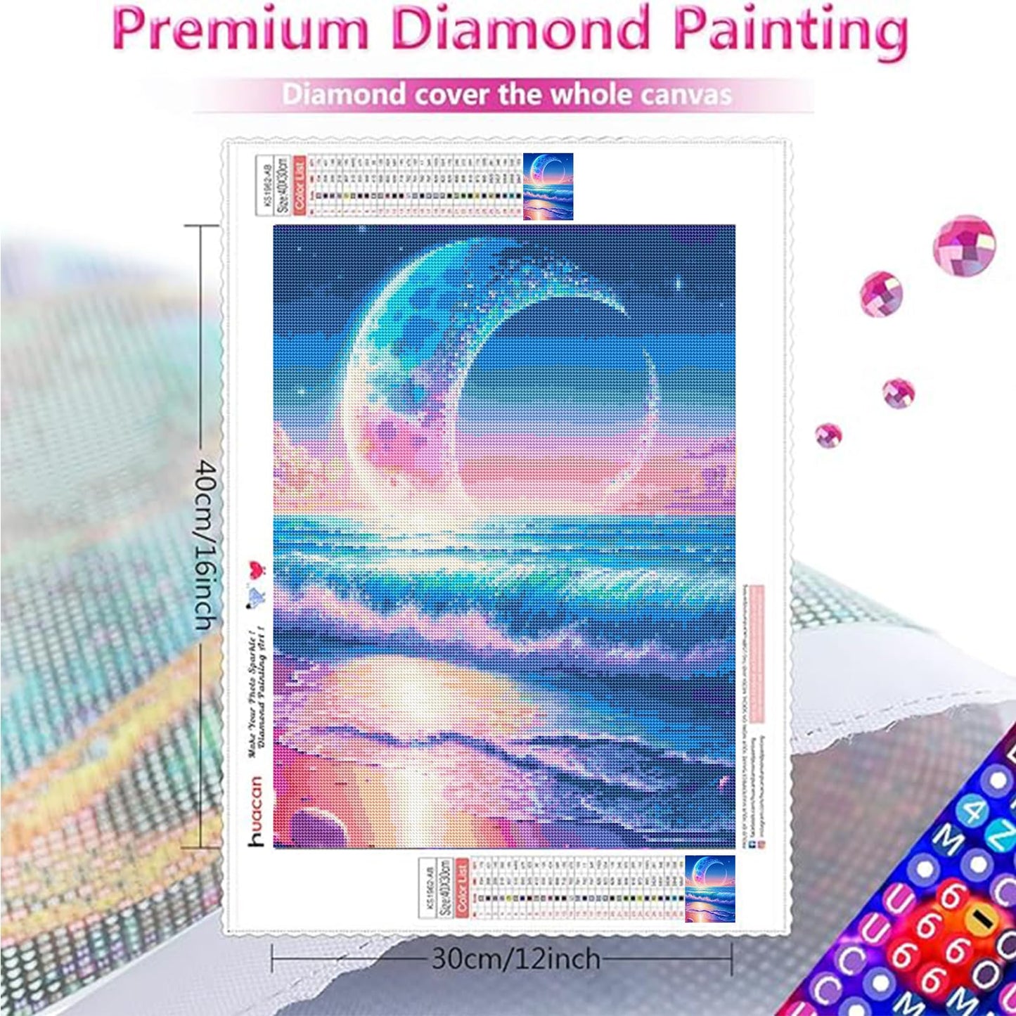 Huacan Diamond Art Kits for Adults AB Diamond Painting Kit 5D Moon Beach Picture DIY Round Drill Gem Art Kit for Beginner Crystal Aurora Diamond Handicraft Gift Home Decor 11.81 * 15.74 inch