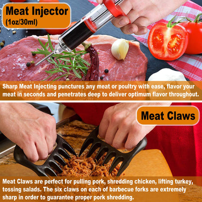 POLIGO 28Pcs Grilling Accessories in Bag with Meat Injector, Barbecue Claws, Mats, Thermometer for Smoker, Camping BBQ Grill Utensils Set Dad Gift for Fathers Day Birthday Grilling Gifts for Men Black