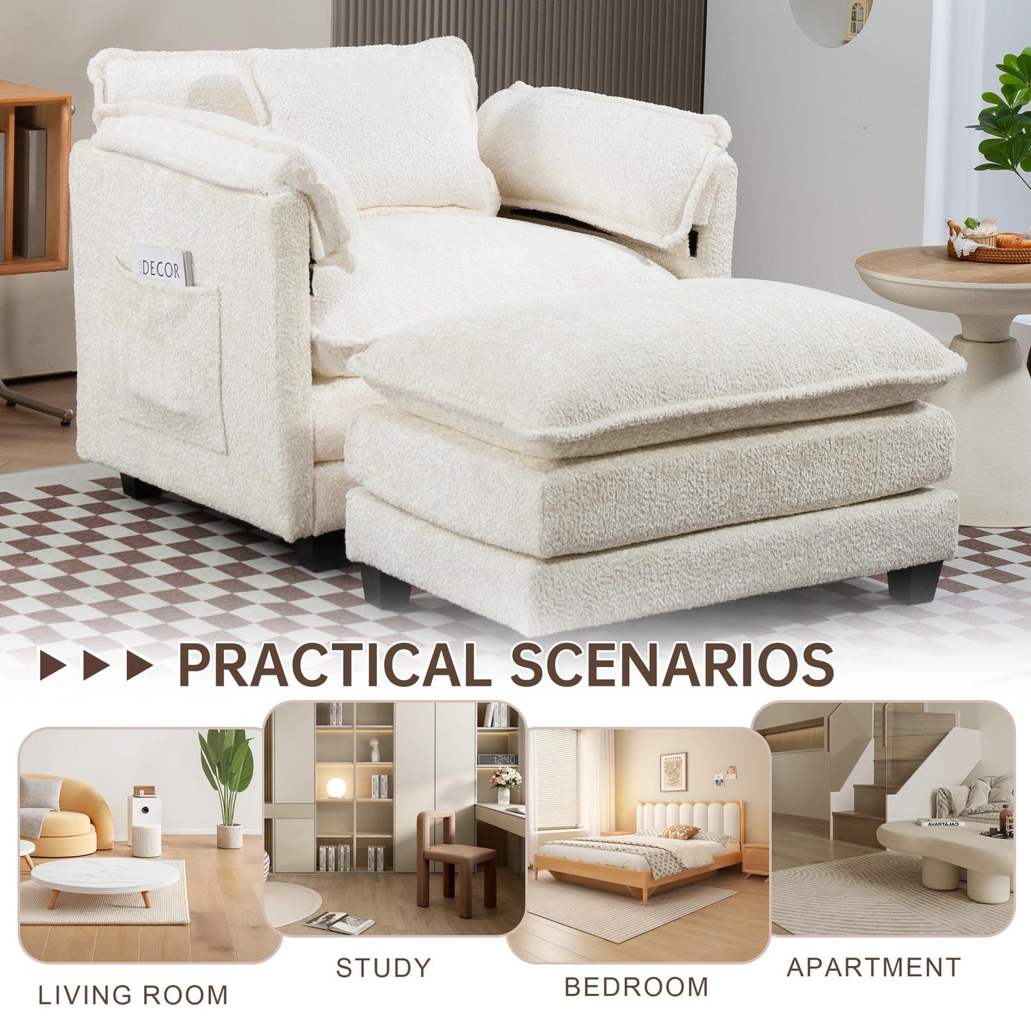 KEIKI Boucle Oversized Lounge Chair, Cozy Reading Chair with Storage & Ottoman, 40" W Modern Accent Chair W/Double Deep Cushion, Upholstered Armchair Seating for Living Room, Bedroom, Beige