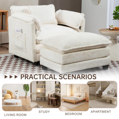 KEIKI Boucle Oversized Lounge Chair, Cozy Reading Chair with Storage & Ottoman, 40" W Modern Accent Chair W/Double Deep Cushion, Upholstered Armchair Seating for Living Room, Bedroom, Beige