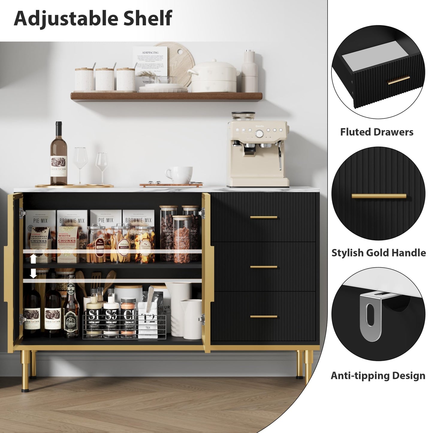 GAOMON Buffet Sideboard Cabinet with Storage, 46.4" Large Fluted Kitchen Sideboard Cabinet with 2 Glass Doors 3 Drawers and Shelves, Faux Marble Top Buffet Table for Dining Room, Living Room, Black