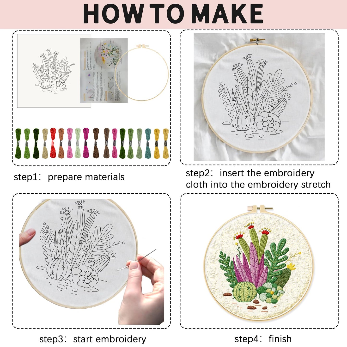 INFUNLY 4 Pack Tropical Plants Embroidery Kit for Beginners Adults Cactus Embroidery Starter Kit Punch Needle Embroidery Kits Palm Leaf Cross Stitch Kits with Patterns Instructions for DIY