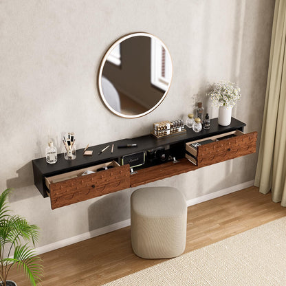 FurniNova Fully Assembled Floating TV Stand, 55 inch Wall Mounted Media Console with Carved Solid Wood Doors & 2 Drawers, Plywood Entertainment Center for Living Room, Black & Walnut