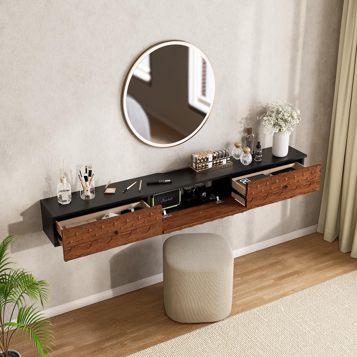 FurniNova 70'' Floating TV Stand Wall Mounted, Fully Assembled Media Console with 2 Drawers and 1 Door, Wall Mounted TV Cabinet,Carved Wood Design,Natural Wood Finish