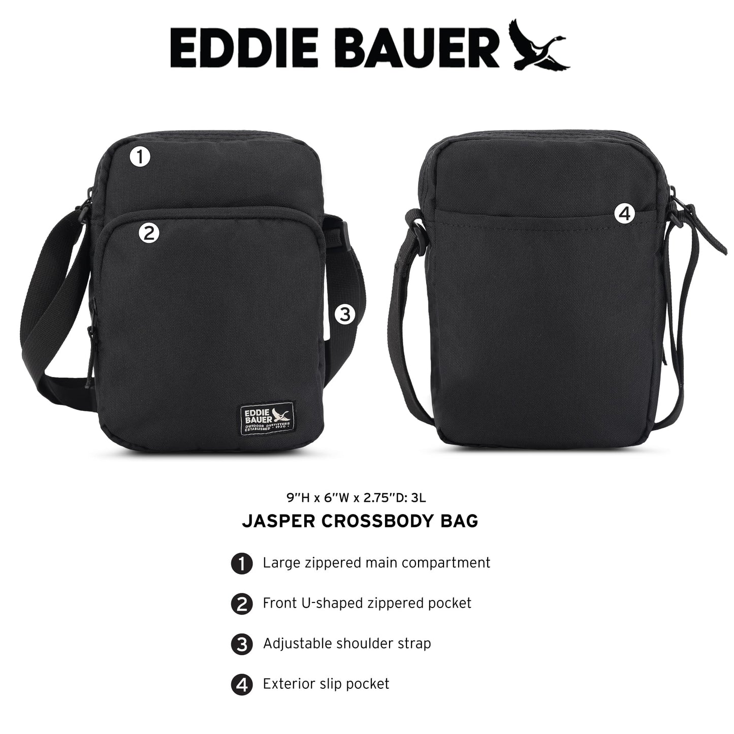 Eddie Bauer Jasper Crossbody Bag with Zippered Main Compartment and Adjustable Shoulder Strap