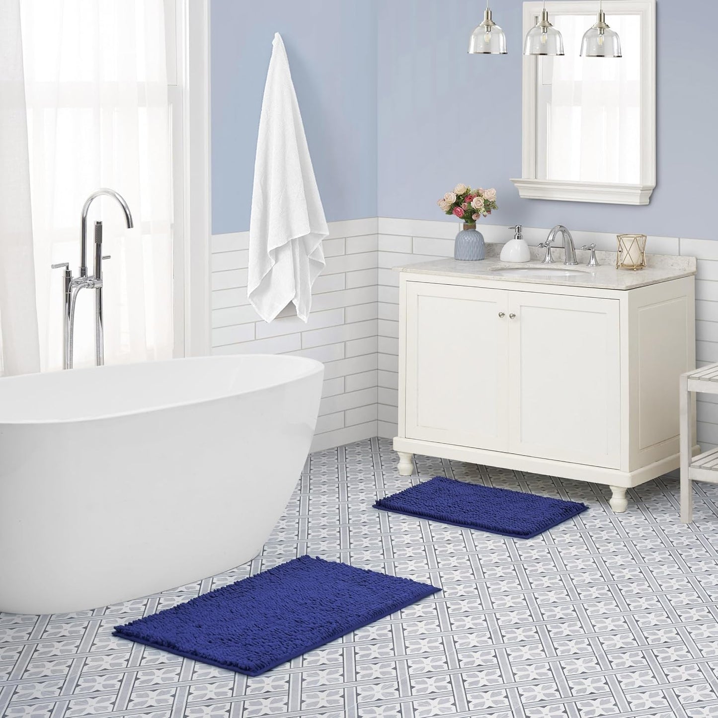 Laura Ashley Butter Chenille Bath Rug, Absorbent Shaggy Non-Slip Bathroom Mat - 2 Piece Navy