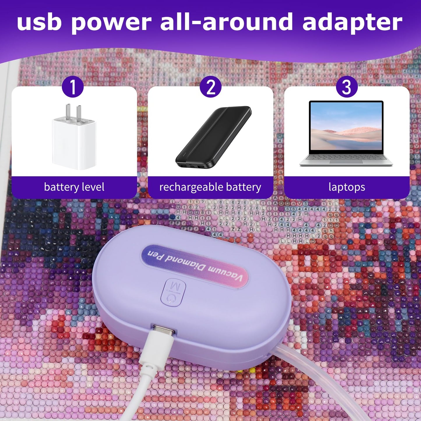 Sthmeyue Portable Diamond Painting Pen – Ultra-Light, Travel-Friendly | USB‑C Power Bank/PC Charging | 600mAh Battery + Quiet Operation | 3-Mode Suction & Wax-Free (Violet)