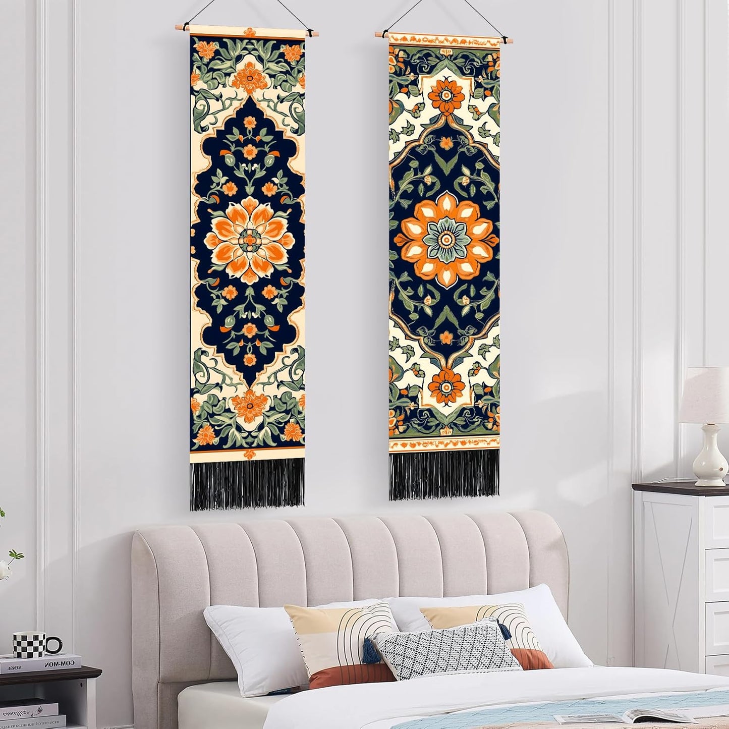 2 13"x51", BVBOX PCS Vertical Floral Tapestry Ottoman Aesthetic Long Vertical Wall Hanging Black Tassel Tapestries Home