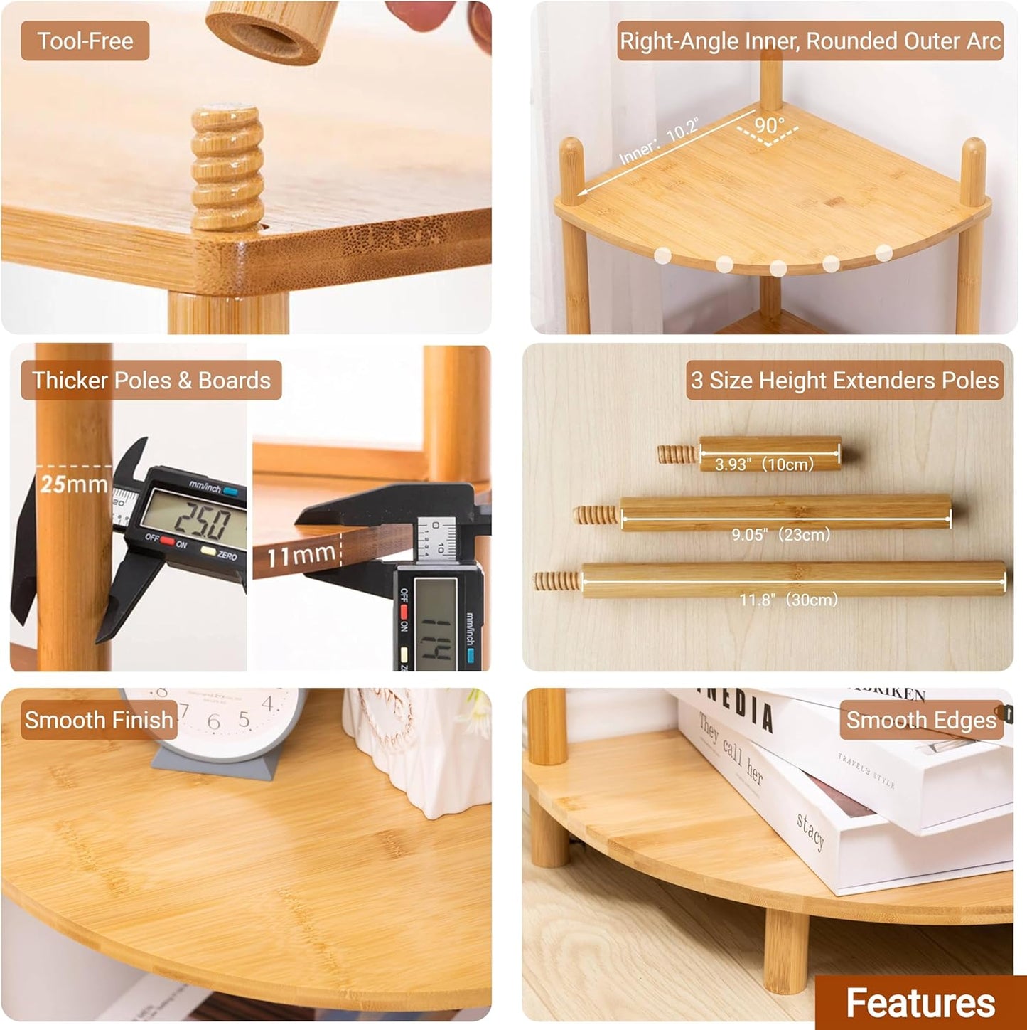 3-Tier (1, 3-Tier) Expandable Bamboo Corner Shelf Stand,Corner Bookshelf, Display Storage Shelves with Open Shelves