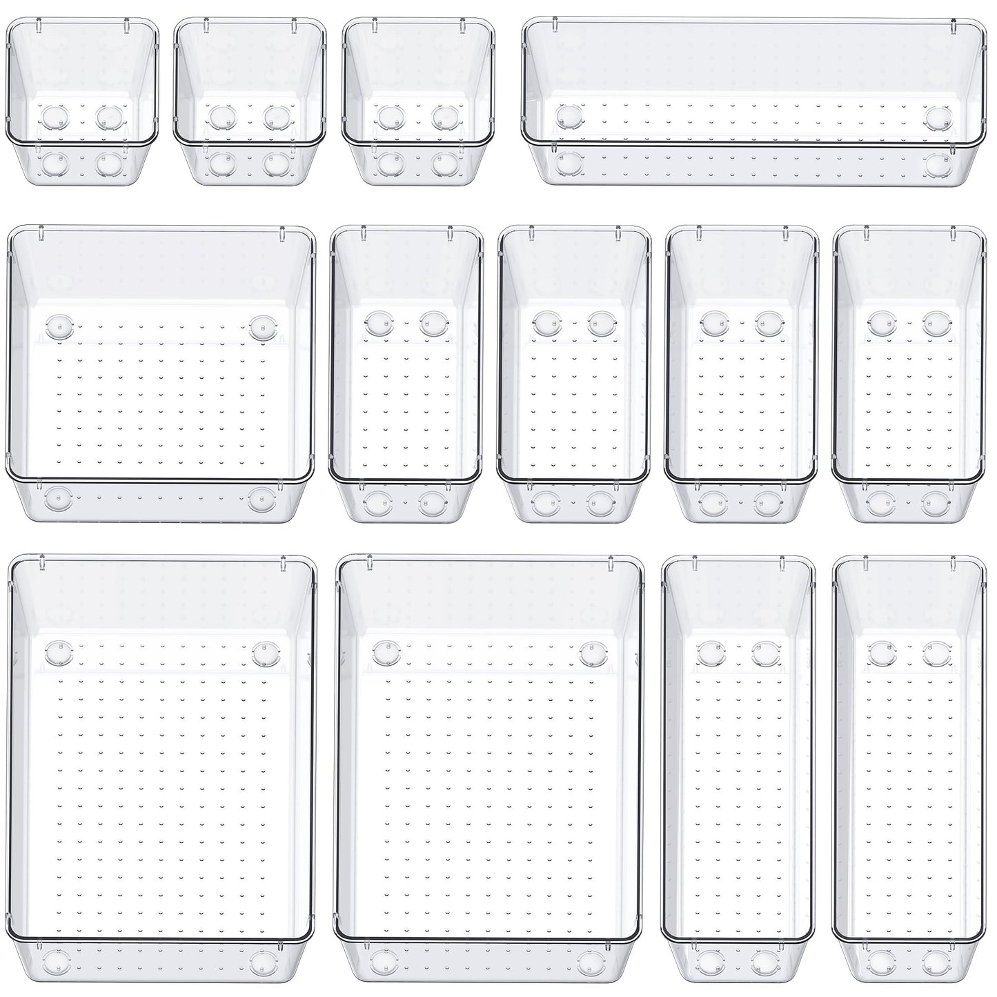SMARTAKE 13-Piece Drawer Organizers with Non-Slip Silicone Pads, 5-Size Desk Bathroom Drawer Organizer Trays Storage Tray for Makeup, Jewelries, Utensils in Bedroom Dresser, Office and Kitchen, Clear