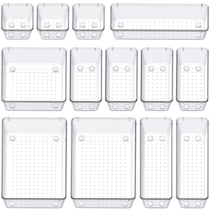 SMARTAKE 13-Piece Drawer Organizers with Non-Slip Silicone Pads, 5-Size Desk Bathroom Drawer Organizer Trays Storage Tray for Makeup, Jewelries, Utensils in Bedroom Dresser, Office and Kitchen, Clear