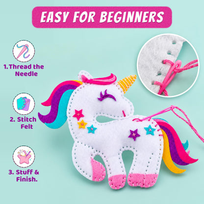 CRAFTSBEE Unicorn Sewing Kit for Kids Ages 7-12 — 5 Large Felt Stuffed Animals, 3 Skill Levels — Beginner Arts and Crafts, Birthday Gift for Girls