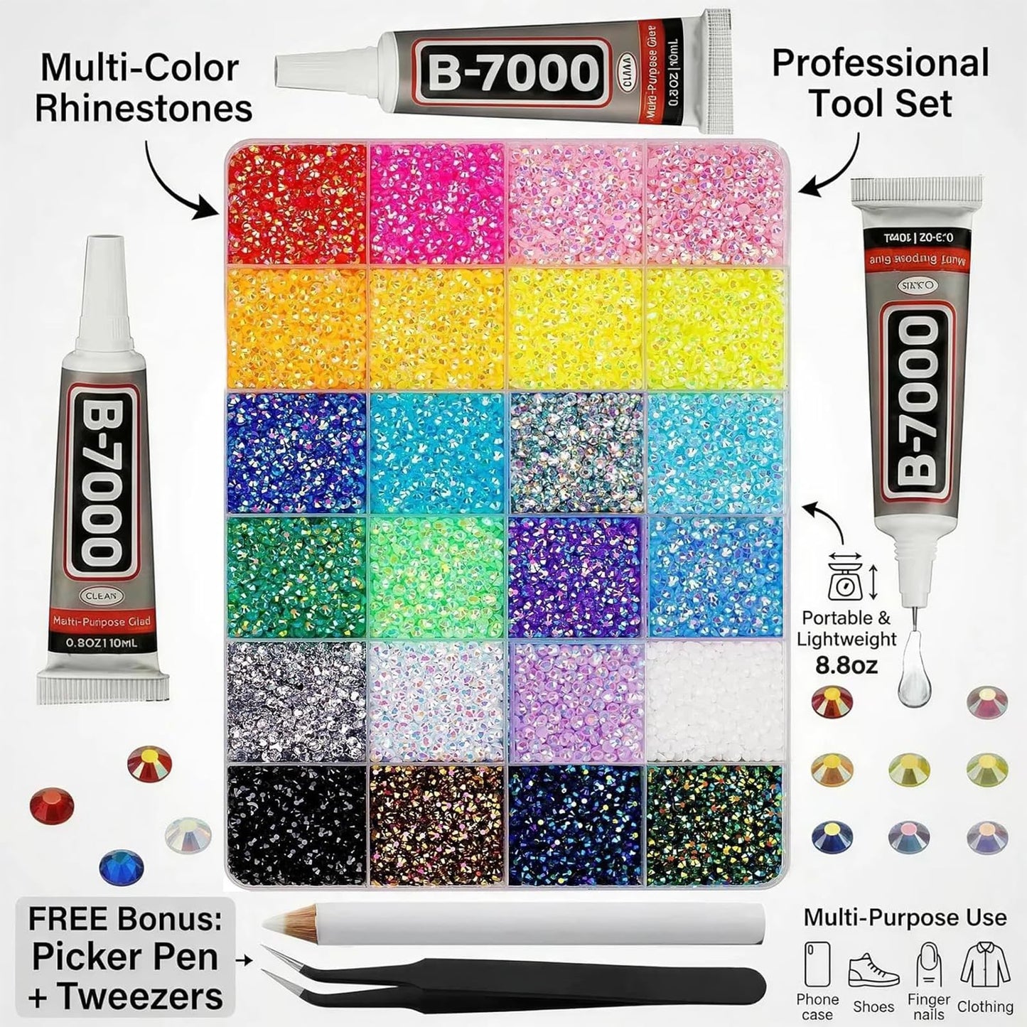 30000 Pcs Resin Jelly Rhinestones for Bedazzling, 24 Colors 3mm Flatback Rhinestones Kit with 3 Craft Glues & Tools, All-in-One Bedazzler Kit for Tumblers, Clothes, Crafts