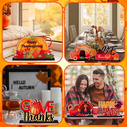 CroBlissful 6 Pcs Thanksgiving Wooden Table Decorations Happy Harvest Party Supplies Thanksgiving Turkey Pumpkin Table Centerpieces for Home Indoor Give Thanks Be Thankful Holiday Party Decor