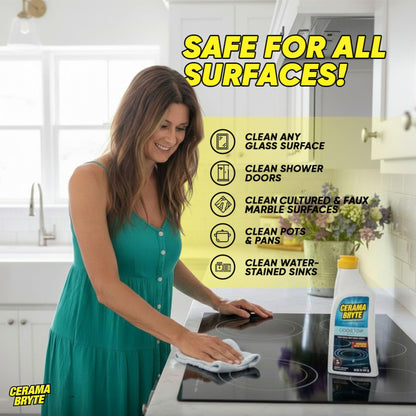 Cerama Bryte Glass Cooktop and Stove Top Cleaner Combo Kit - Includes Cleaning Tool, Razor, Scraper and 3 Pads to Remove Tough Stains - Use on Gas, Electric, Ceramic Surfaces, 10 Ounces, 6 Piece