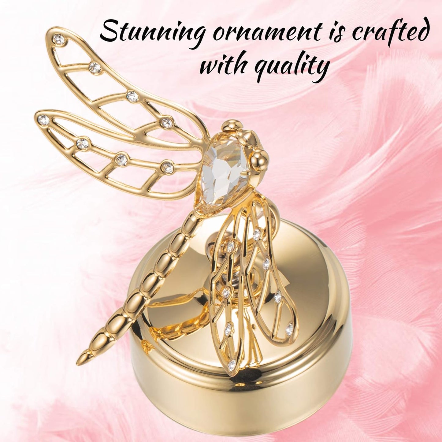 24K Matashi Gold Plated Music Box Plays You Are My Sunshine Crystal Dragonfly Tabletop Showpiece Elegant Gift