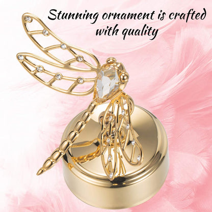 24K Matashi Gold Plated Music Box Plays You Are My Sunshine Crystal Dragonfly Tabletop Showpiece Elegant Gift