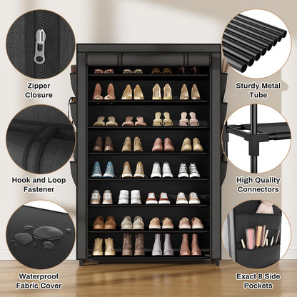 VILICK Shoe Rack with Cover, 8 Tier Tall Shoe Organizer Storage for 36-45 Pair Shoes and Boots Large Shoe Storage Shelf Free Standing Shoe Rack for Closet, Front Door Entrance, Dorm, Garage