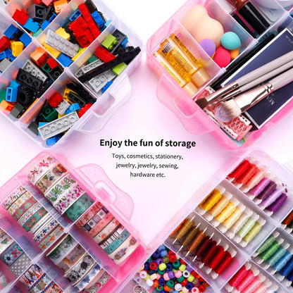 SGHUO Bead Organizers and Storage 3-Tier Pink Craft Container Stackable Box with Dividers for Art Supplies, Washi Tapes, Seed, Hair Accessories, Nail, 9.5X6.5X7.2in