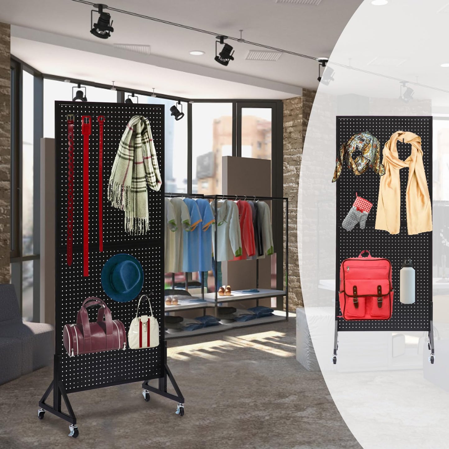 Eastern Tree 2.5'x 6' Metal Pegboard Display Stand with T-Base, Black Peg Board Panels Display with Casters, Standing Pegboard Display, Retail Display Stand, Extra 10 Pieces Hooks, Black