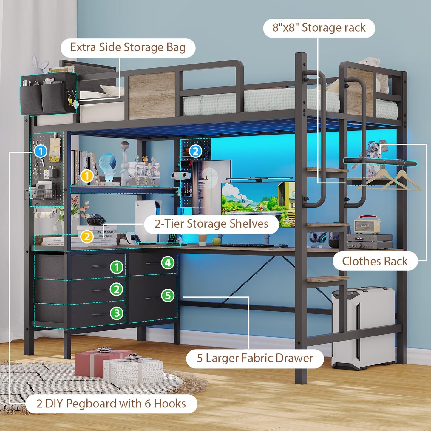 Dnxao Twin Loft Bed with Desk and 5 Storage Drawers,Loft Bed Twin Size with LED Lights and Charging Station, Metal Bunk Bed Frame with Ladder, Clothes Rail,Noise Free,Oak Gray