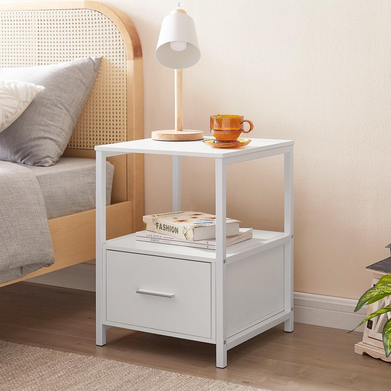 VECELO Nightstand Set of 2 with Wooden Storage Drawer Square Modern Bedside End Tables for Bedroom Living Room, Open Shelf, Industrial Metal Frame, Small Space, White