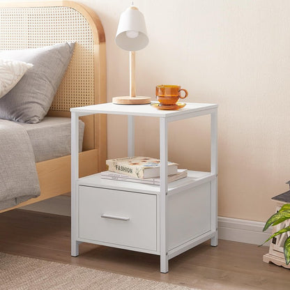 VECELO Nightstand Set of 2 with Wooden Storage Drawer Square Modern Bedside End Tables for Bedroom Living Room, Open Shelf, Industrial Metal Frame, Small Space, White