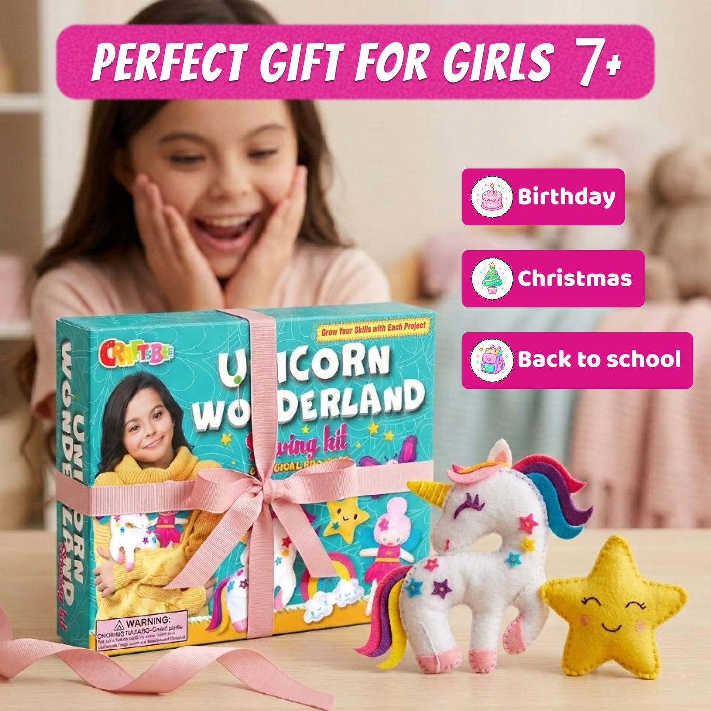 CRAFTSBEE Unicorn Sewing Kit for Kids Ages 7-12 — 5 Large Felt Stuffed Animals, 3 Skill Levels — Beginner Arts and Crafts, Birthday Gift for Girls