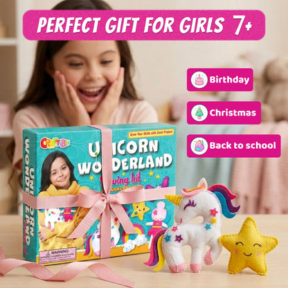 CRAFTSBEE Unicorn Sewing Kit for Kids Ages 7-12 — 5 Large Felt Stuffed Animals, 3 Skill Levels — Beginner Arts and Crafts, Birthday Gift for Girls