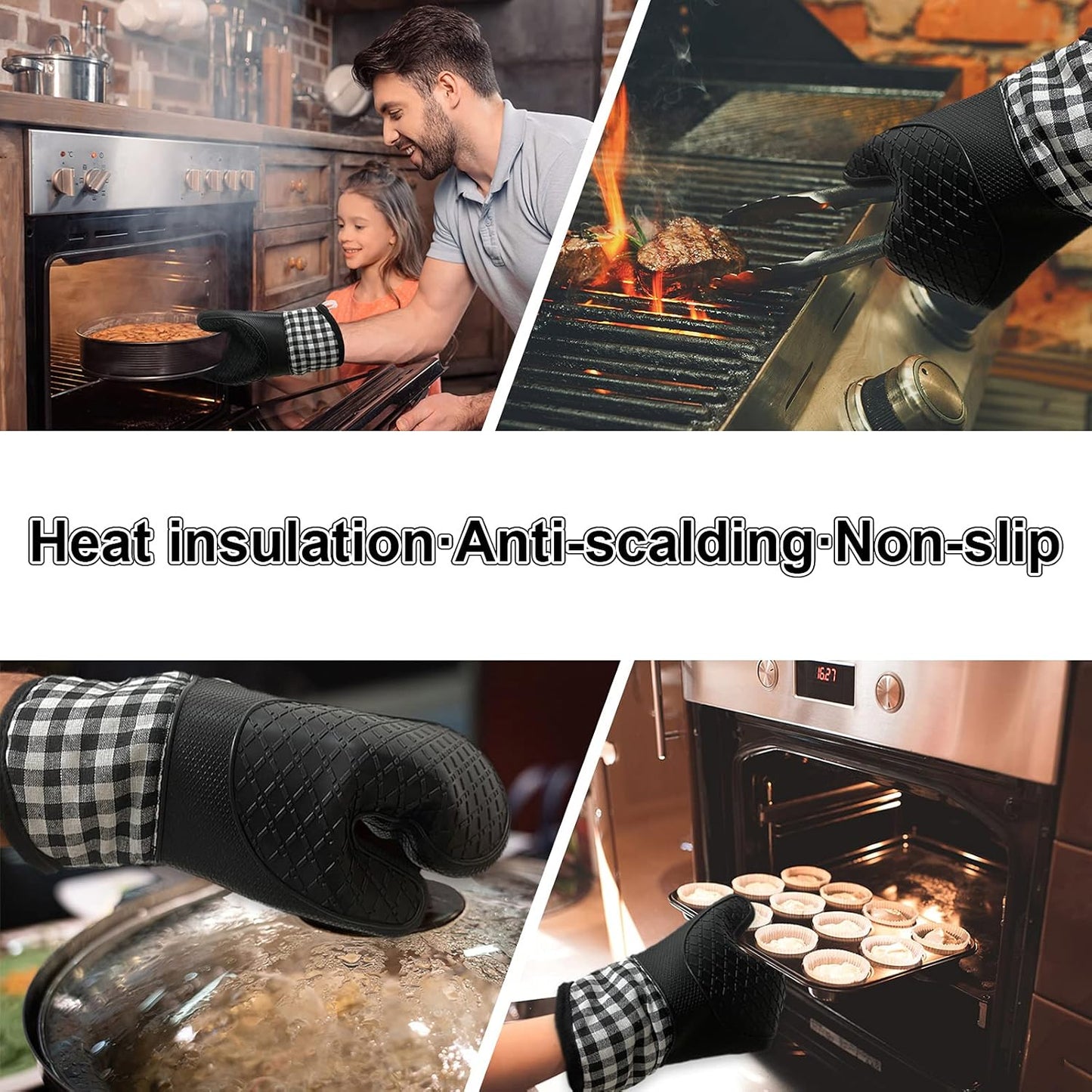 4pcs Set Oven Gloves and Pot Holder Set, Heat-Resistant 500 Degree, Non-Slip Food-Grade Long Oven Gloves