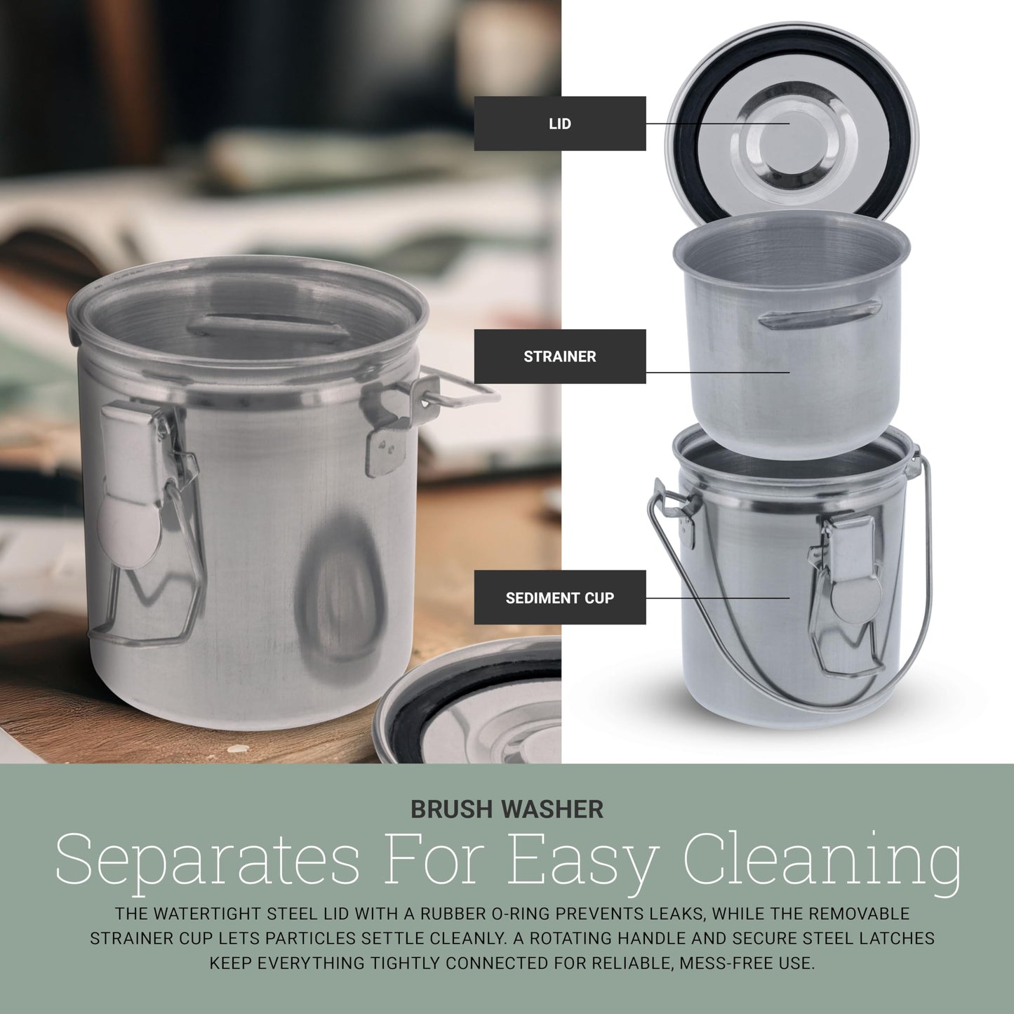 U.S. Art Supply Stainless Steel Leak-Proof Deluxe Paint Brush Washer with Wash Tank, Clip-On Lid, and Strainer Cup - Oil Paint Brush Cleaner for Artists