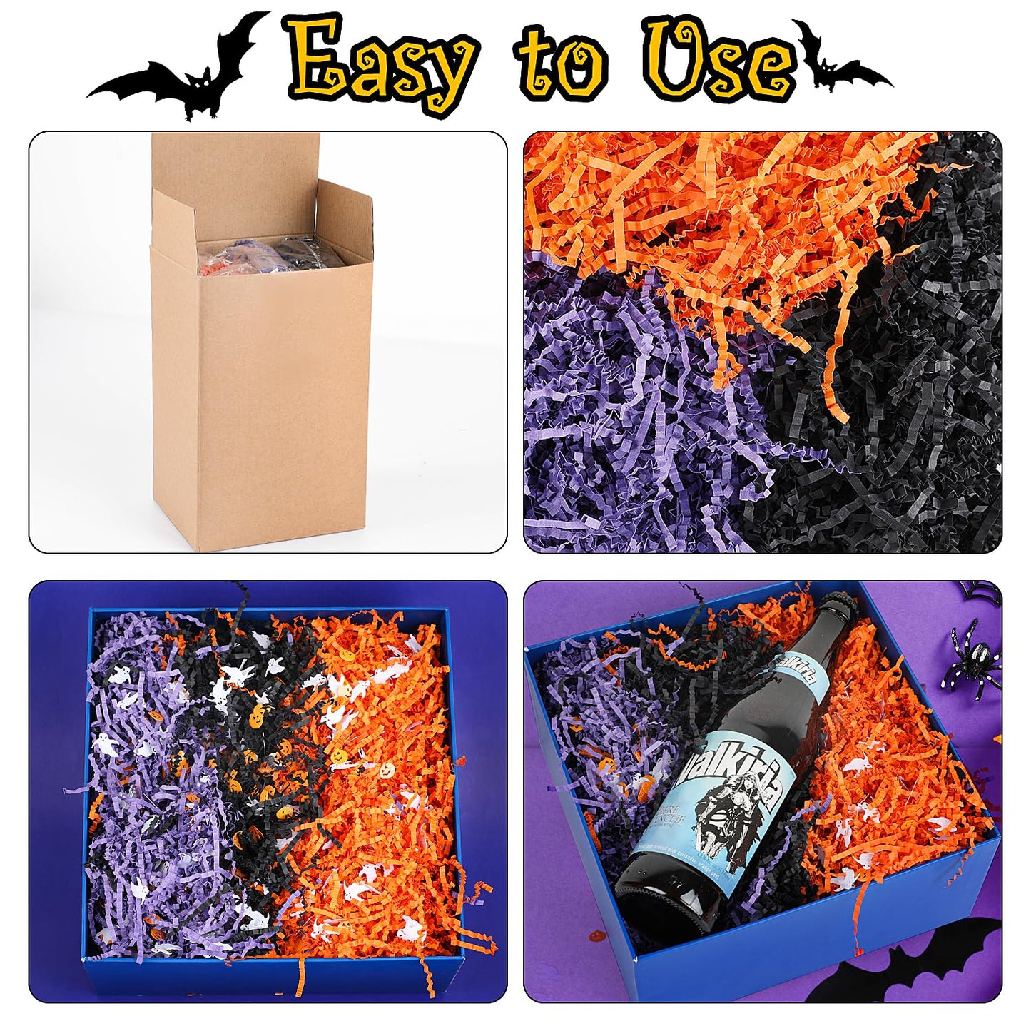 FOIMAS Halloween Crinkle Cut Paper,9.87oz Black Orange Purple Shred Raffia Paper with Pumpkin Ghost Confetti for Trick or Treat Halloween Bakset Gift Packaging Supply