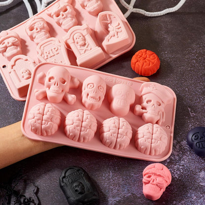 2Pcs Halloween Silicone Mold Skull Tomb Brain Fondant Molds for Gummy Jello Candy Chocolate Baking Decoration