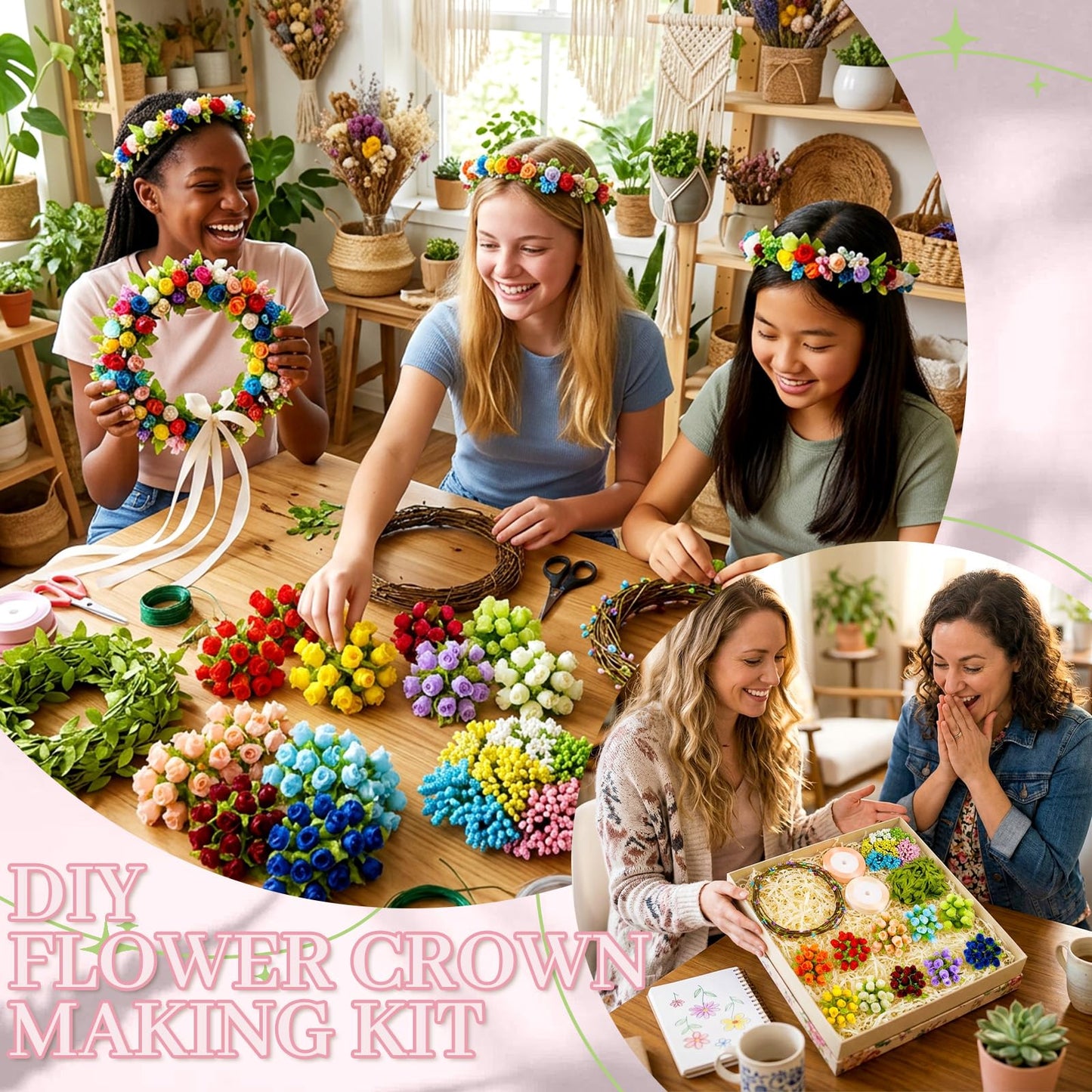 Pattyeer 213Pcs(30 Set) DIY Flower Crowns Making Kit, Handmade Floral Crown Garland Wreath Craft Kit, Make Your Own Flower Hair Accessories Gift for Women