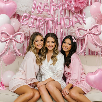 Pink Bow Birthday Party Decorations Kit with Bows Happy Birthday Balloon Banner, Pastel Pink Fringe Backdrop, Heart Balloons and Cake Toppers – Coquette Decor for Girls & Women