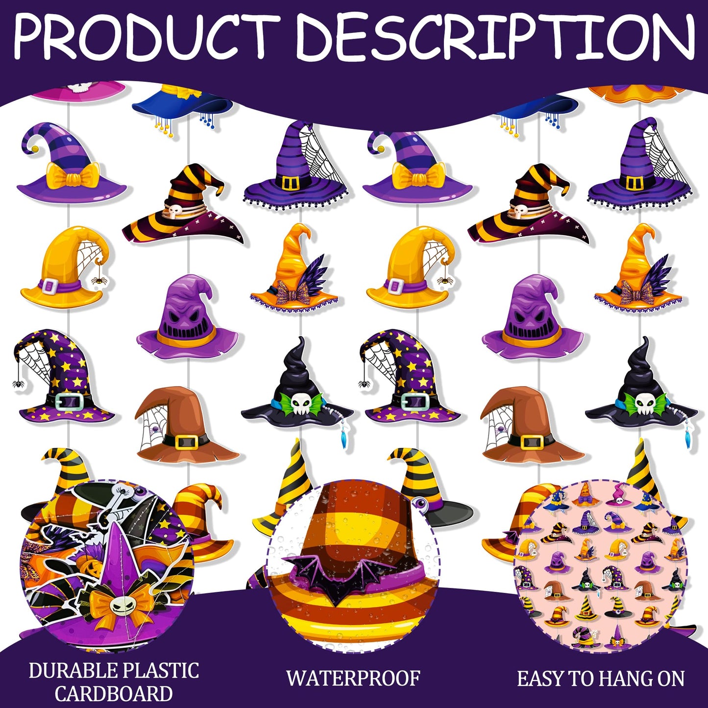 Halloween Witch Hat Garlands Halloween Party Supplies 8PCS Pre-Strung Witch Hanging Paper Garland Banners Wizard Hat Decorations for Spooky Theme Birthday Baby Shower Decor