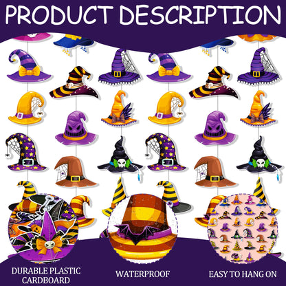 Halloween Witch Hat Garlands Halloween Party Supplies 8PCS Pre-Strung Witch Hanging Paper Garland Banners Wizard Hat Decorations for Spooky Theme Birthday Baby Shower Decor